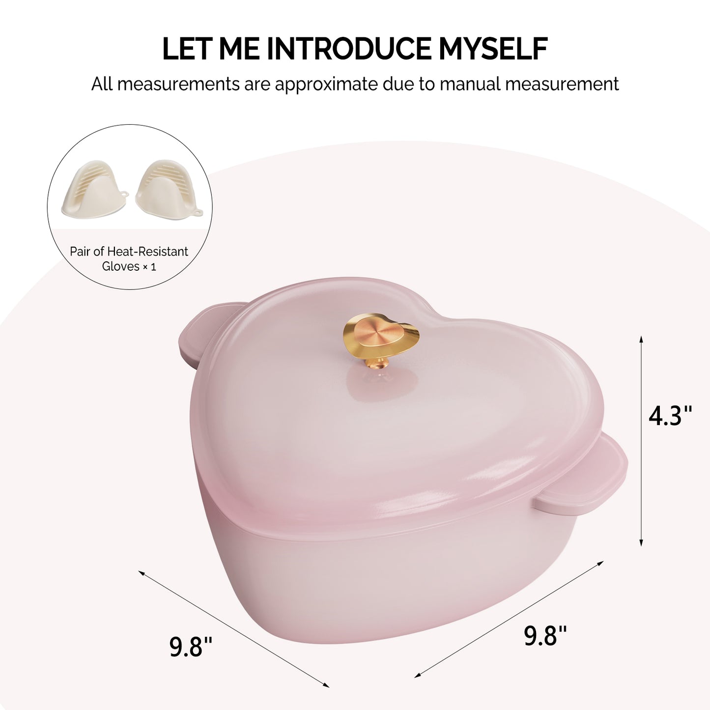 Enameled cast iron heart-shaped cooking pot, 24 cm inner diameter, 4 QT, gold heart‑shaped handle, pink gradient finish, includes two silicone oven mitts.