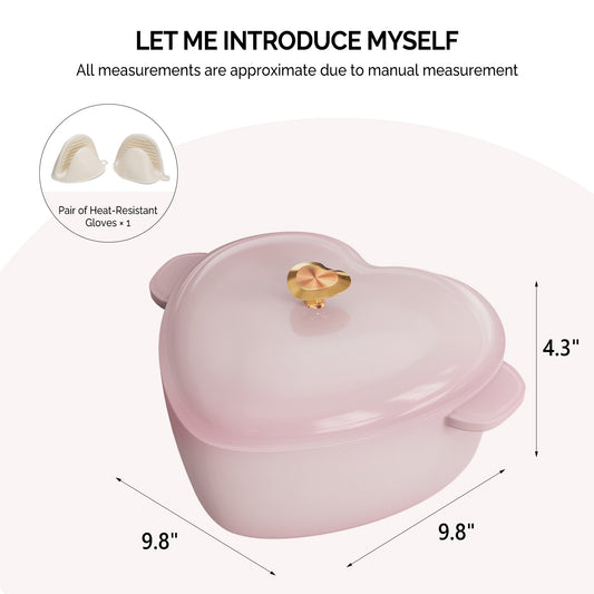Enameled cast iron heart-shaped cooking pot, 24 cm inner diameter, 4 QT, gold heart‑shaped handle, pink gradient finish, includes two silicone oven mitts.