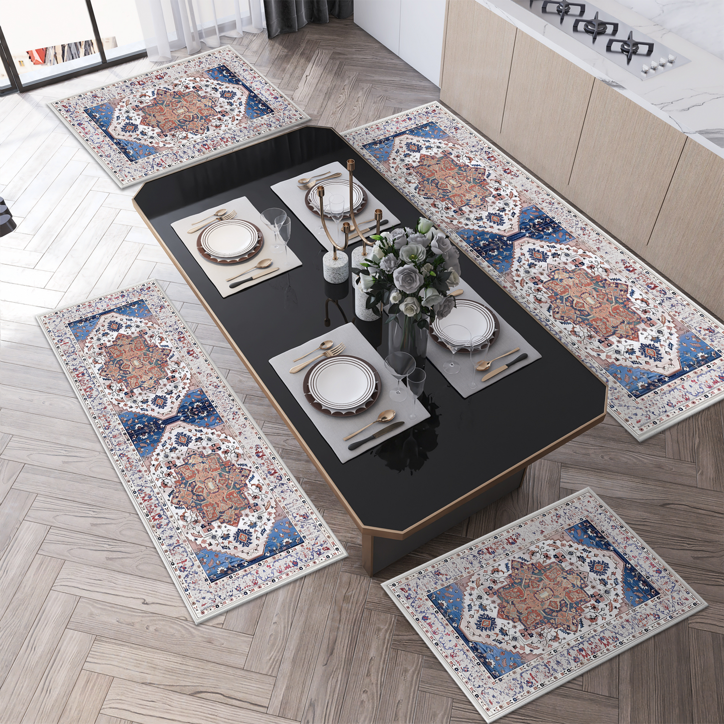 Boho Kitchen Rug Sets 3 Piece with Runner Non Slip Kitchen Rugs and Mats Washable Kitchen Mats for Floor Thick Kitchen Floor Mat Carpet Runner Rugs for Hallway Laundry Holiday Decor