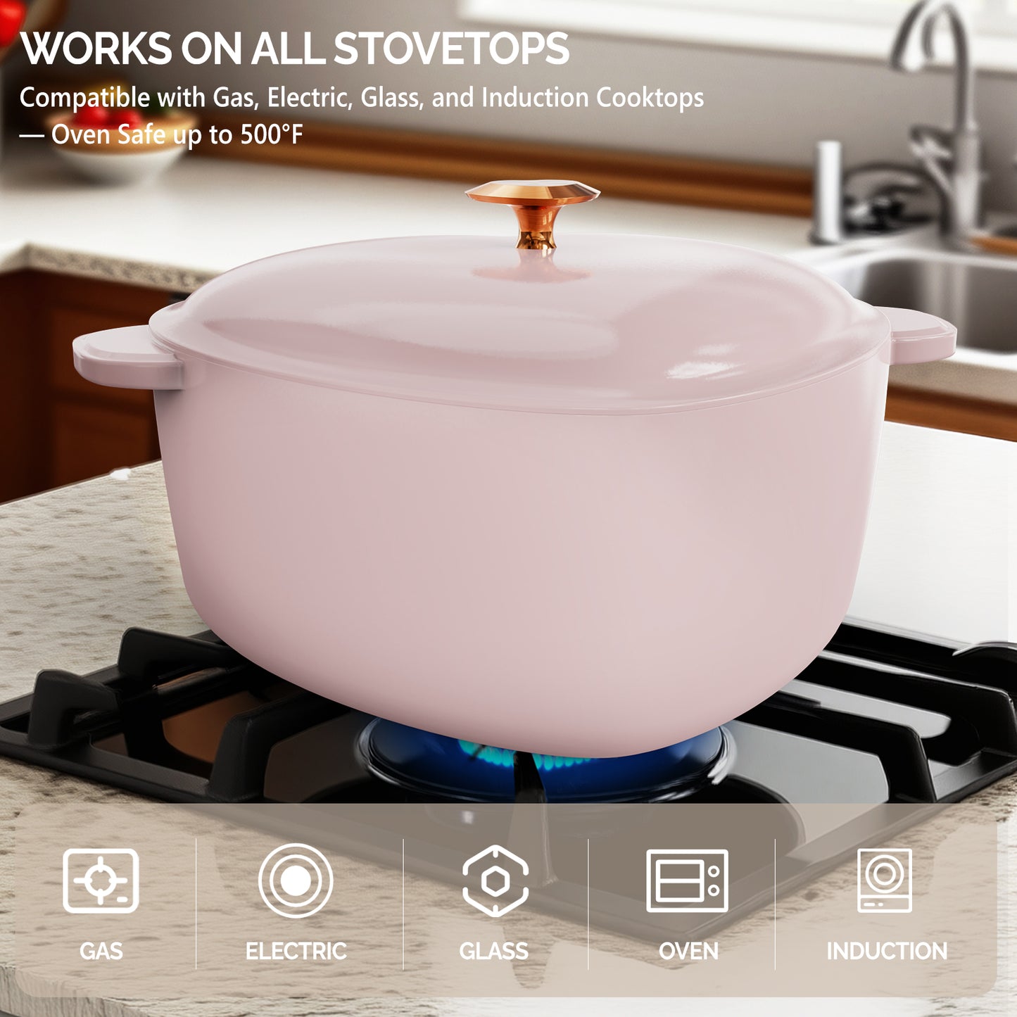 Enameled cast iron heart-shaped cooking pot, 24 cm inner diameter, 4 QT, gold heart‑shaped handle, pink gradient finish, includes two silicone oven mitts.