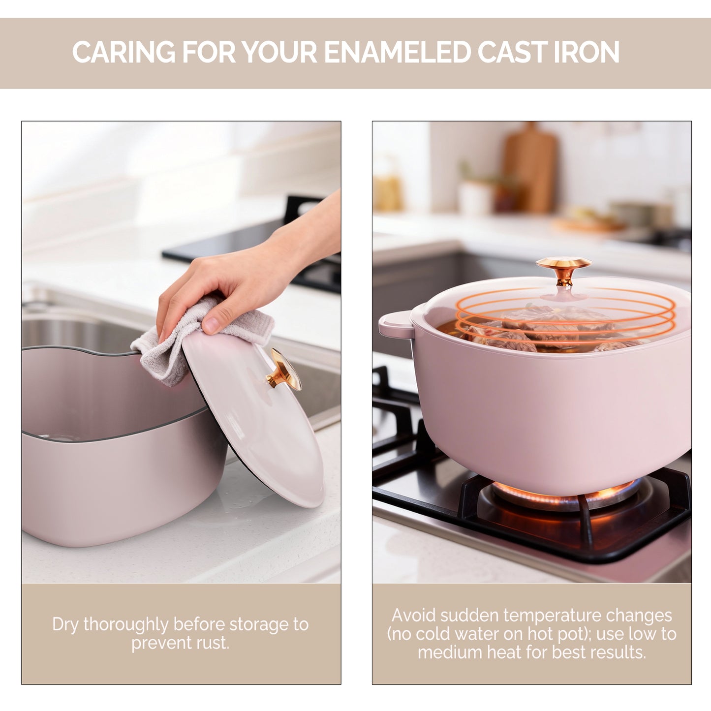Enameled cast iron heart-shaped cooking pot, 24 cm inner diameter, 4 QT, gold heart‑shaped handle, pink gradient finish, includes two silicone oven mitts.