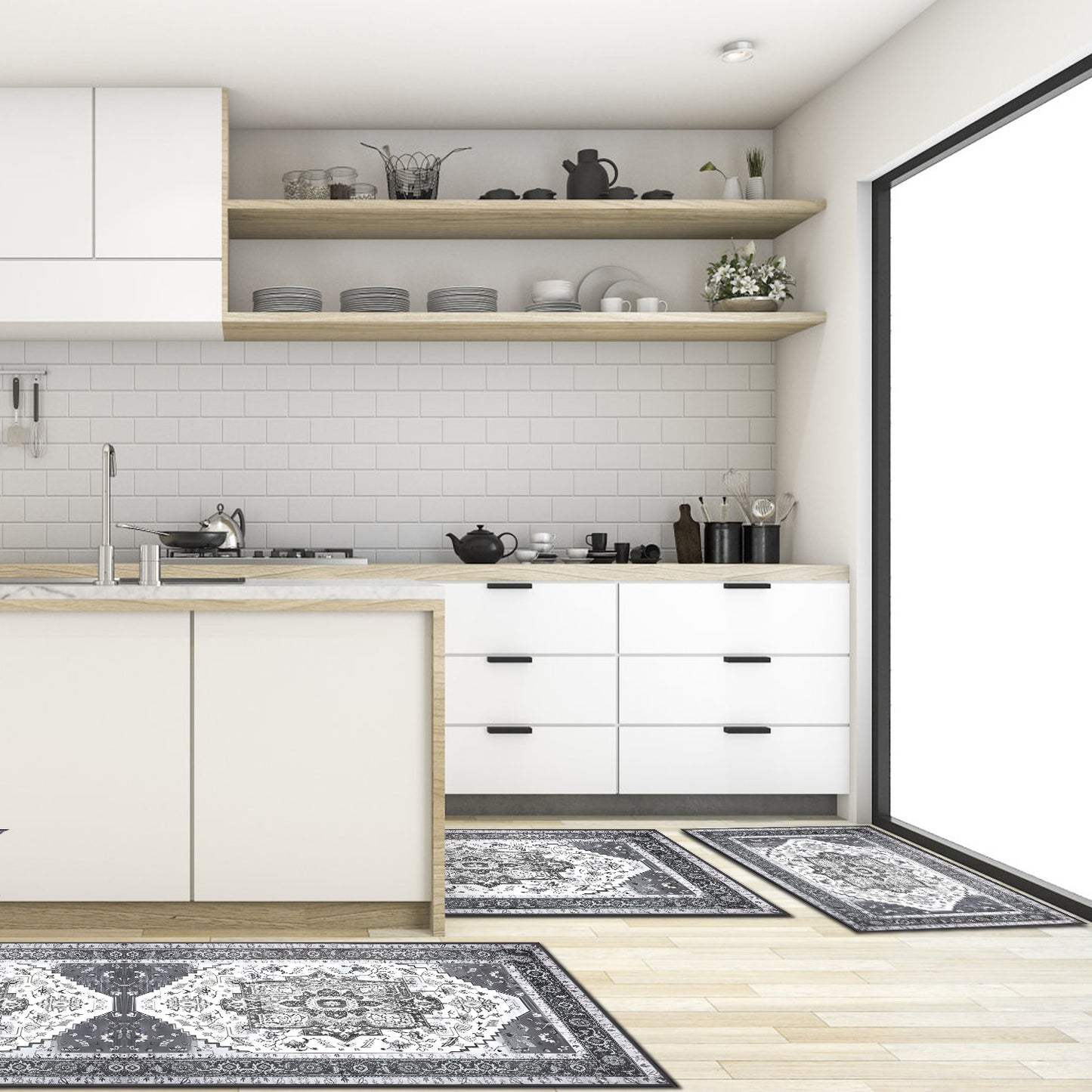 Boho Kitchen Rug Sets 3 Piece with Runner Non Slip Kitchen Rugs and Mats Washable Kitchen Mats for Floor Thick Kitchen Floor Mat Carpet Runner Rugs for Hallway Laundry Holiday Decor