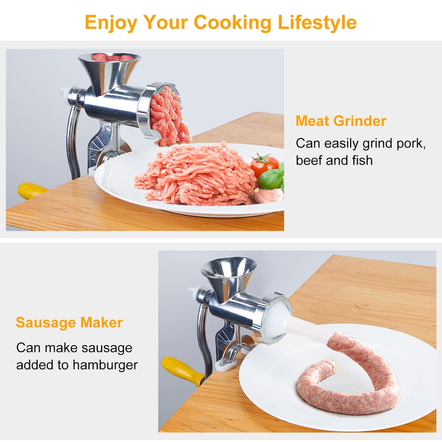 Manual Meat Grinder with Ergonomic Handle, Multifunctional Sausage Stuffer & Noodle Maker for Home Kitchen,Aluminum Alloy Manual Meat Grinder, Tabletop Clamp Design with Sausage Funnel & Noodle Plate, Easy Clean