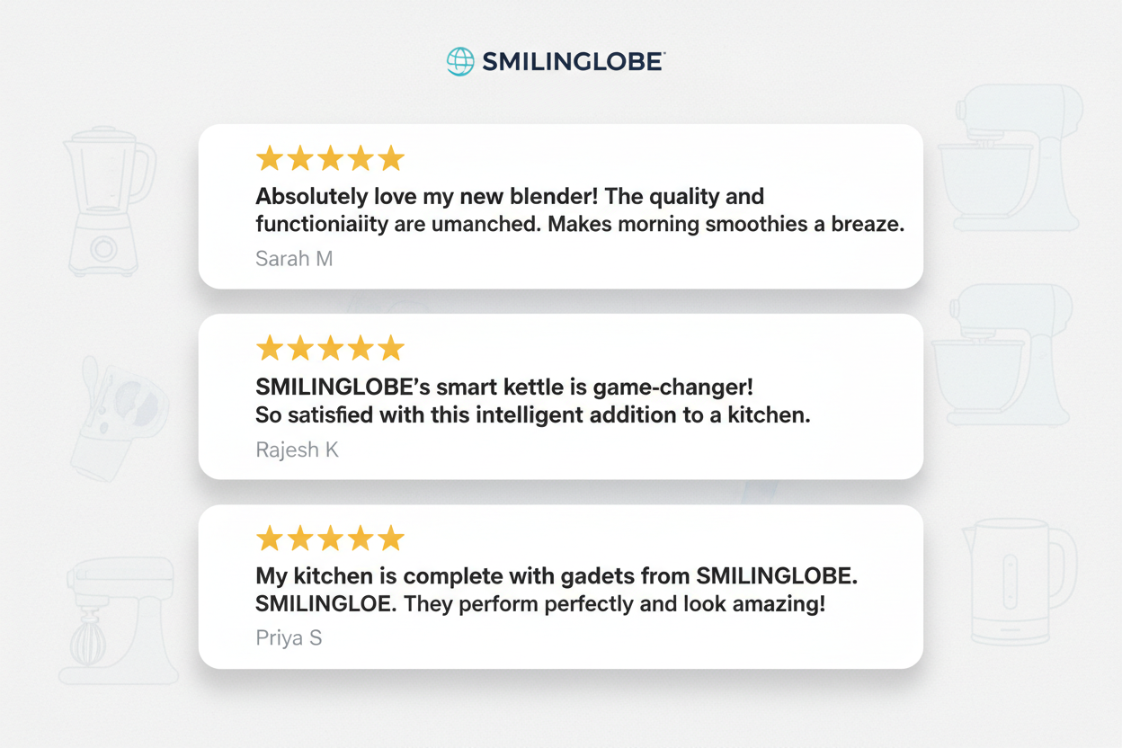 Generate an image of customer testimonial for kitchen items purchased from smilinglobe. use 5 stars icon also alongwith customer names 