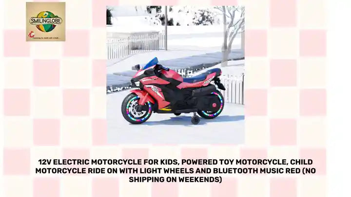 12V Electric Motorcycle for Kids, Powered Toy Motorcycle, Child Motorcycle Ride On with Light Wheels and Bluetooth Music Red (No shipping on weekends) by@Outfy