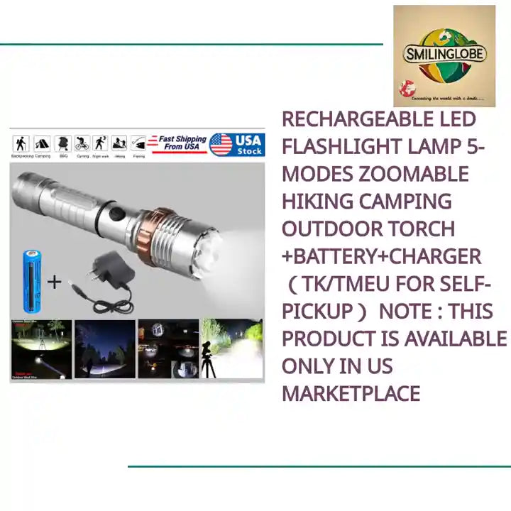 Rechargeable LED Flashlight Lamp 5-Modes Zoomable Hiking Camping Outdoor Torch +Battery+Charger（TK/TMEU for self-pickup） Note : This product is available only in US marketplace by@Outfy