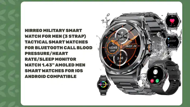 HIRREO Military Smart Watch for Men (3 Strap) Tactical Smart Watches for Bluetooth Call Blood Pressure/Heart Rate/Sleep Monitor Watch 1.43" AMOLED Men Smart Watches for iOS Android Compatible by@Outfy