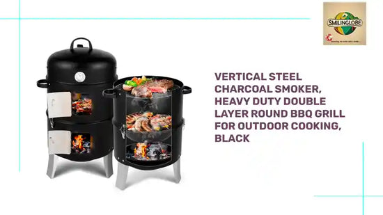 Vertical Steel Charcoal Smoker, Heavy Duty Double Layer Round BBQ Grill for Outdoor Cooking, Black by@Outfy