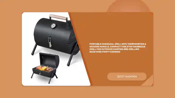 Portable Charcoal Grill with Thermometer &amp; Wooden Handle, Compact Tabletop Barbecue Grill for Outdoor Camping BBQ Grilling Backyard Party Cooking by@Outfy