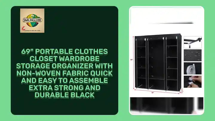 69" Portable Clothes Closet Wardrobe Storage Organizer with Non-Woven Fabric Quick and Easy to Assemble Extra Strong and Durable Black by@Outfy