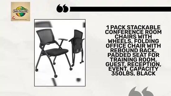 1 Pack Stackable Conference Room Chairs with Wheels, Folding Office Chair with Rebound Back, Padded Seat for Training Room, Guest, Reception, Event, Capacity 350lbs, Black by@Outfy