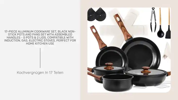 17-Piece Aluminum Cookware Set, Black Non-Stick Pots and Pans Set with Assembled Handles - 5 Pots &amp; 2 Lids, Compatible with Induction, Gas, Electric Stoves, Perfect for Home Kitchen Use by@Outfy