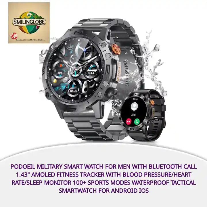 PODOEIL Military Smart Watch for Men with Bluetooth Call 1.43" AMOLED Fitness Tracker with Blood Pressure/Heart Rate/Sleep Monitor 100+ Sports Modes Waterproof Tactical Smartwatch for Android iOS by@Outfy