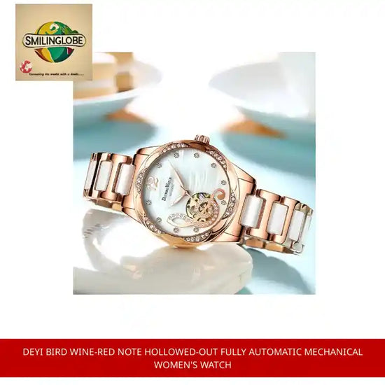 Deyi Bird Wine-Red Note Hollowed-Out Fully Automatic Mechanical Women's Watch by@Outfy