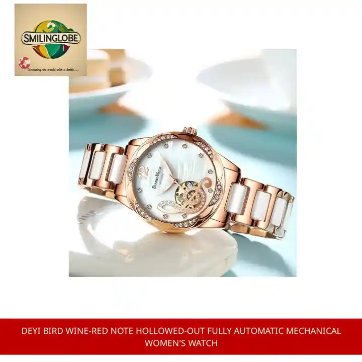 Deyi Bird Wine-Red Note Hollowed-Out Fully Automatic Mechanical Women's Watch by@Outfy