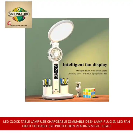 LED Clock Table Lamp USB Chargeable Dimmable Desk Lamp Plug-in LED Fan Light Foldable Eye Protection Reading Night Light by@Outfy