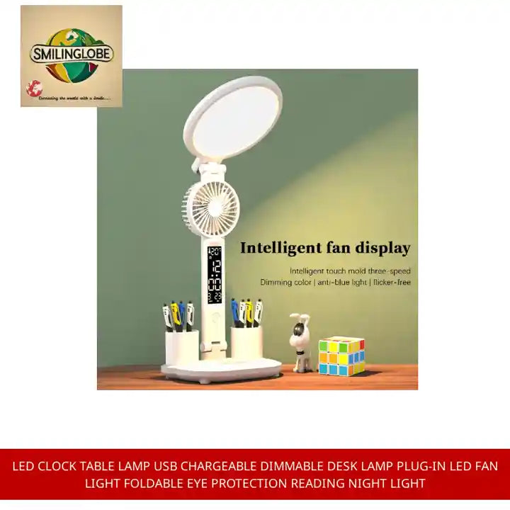 LED Clock Table Lamp USB Chargeable Dimmable Desk Lamp Plug-in LED Fan Light Foldable Eye Protection Reading Night Light by@Outfy
